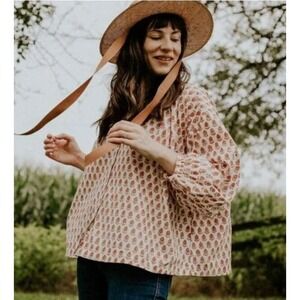 DOEN Sz M Medium Jane Blouse Traveler Block Print Cotton Orange Floral Top